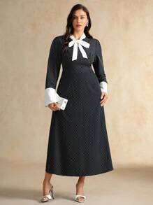 Flouryn Plus Size Women's Polka Dot Lace-Up Long Dress, Elegant And Fashionable For Outings And Gatherings Fall Cloth For Women