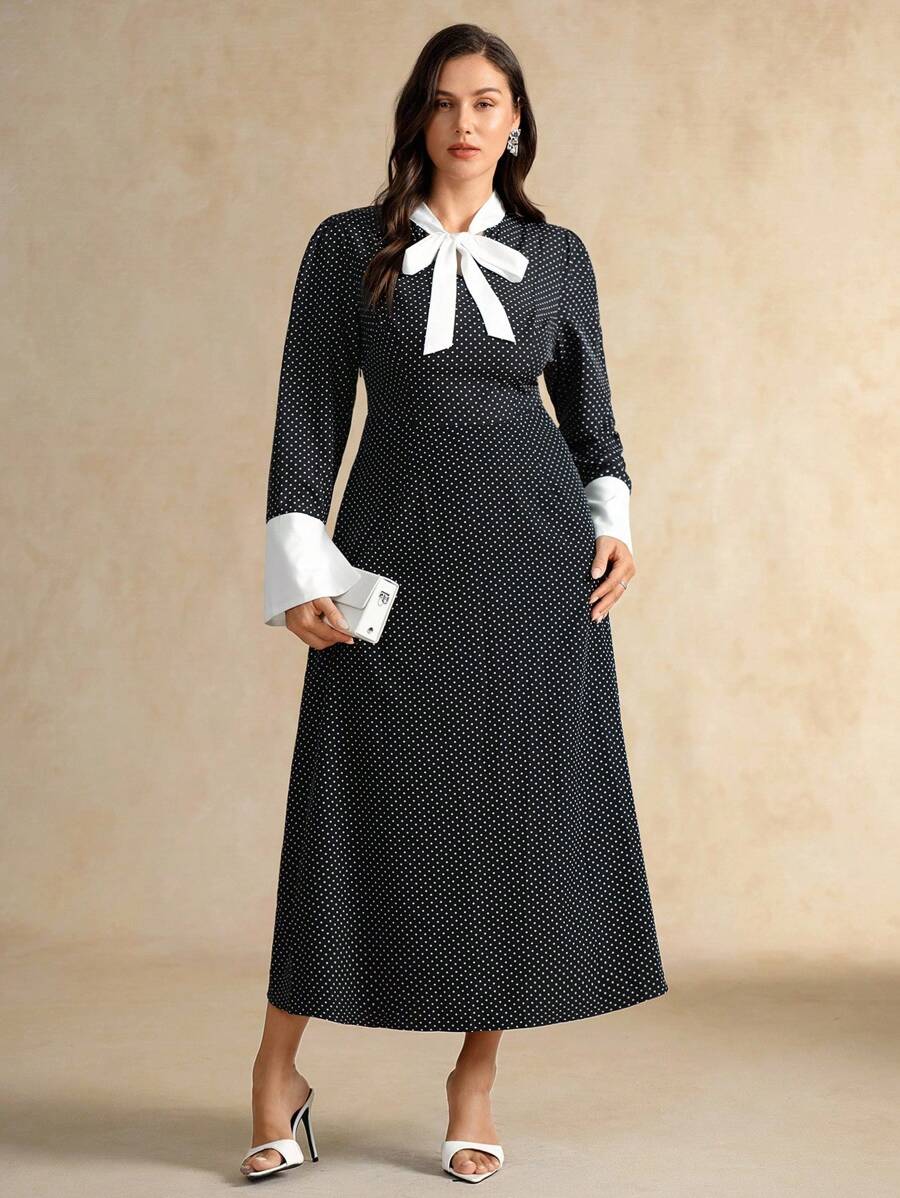 Flouryn Plus Size Women's Polka Dot Lace-Up Long Dress, Elegant And Fashionable For Outings And Gatherings Fall Cloth For Women