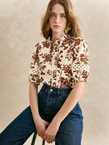 Écloséra 女士镂空蓝、白、绿植物印花短袖衬衫 - 紅色 - 查看 1