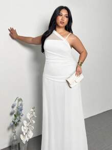 Firerie Plus Size Women's Elegant Minimalist Chic Fashion Basic Ins Style Dress, Suitable For Office, Commute, Music Festival, Beach Vacation, Sheer Asymmetrical Neck Ruched Bodycon Sleeveless Maxi Dress