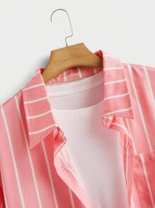 EASEVO 大码男士梭织短袖粉色条纹衬衫，适合夏季 - 粉色 - 查看 4