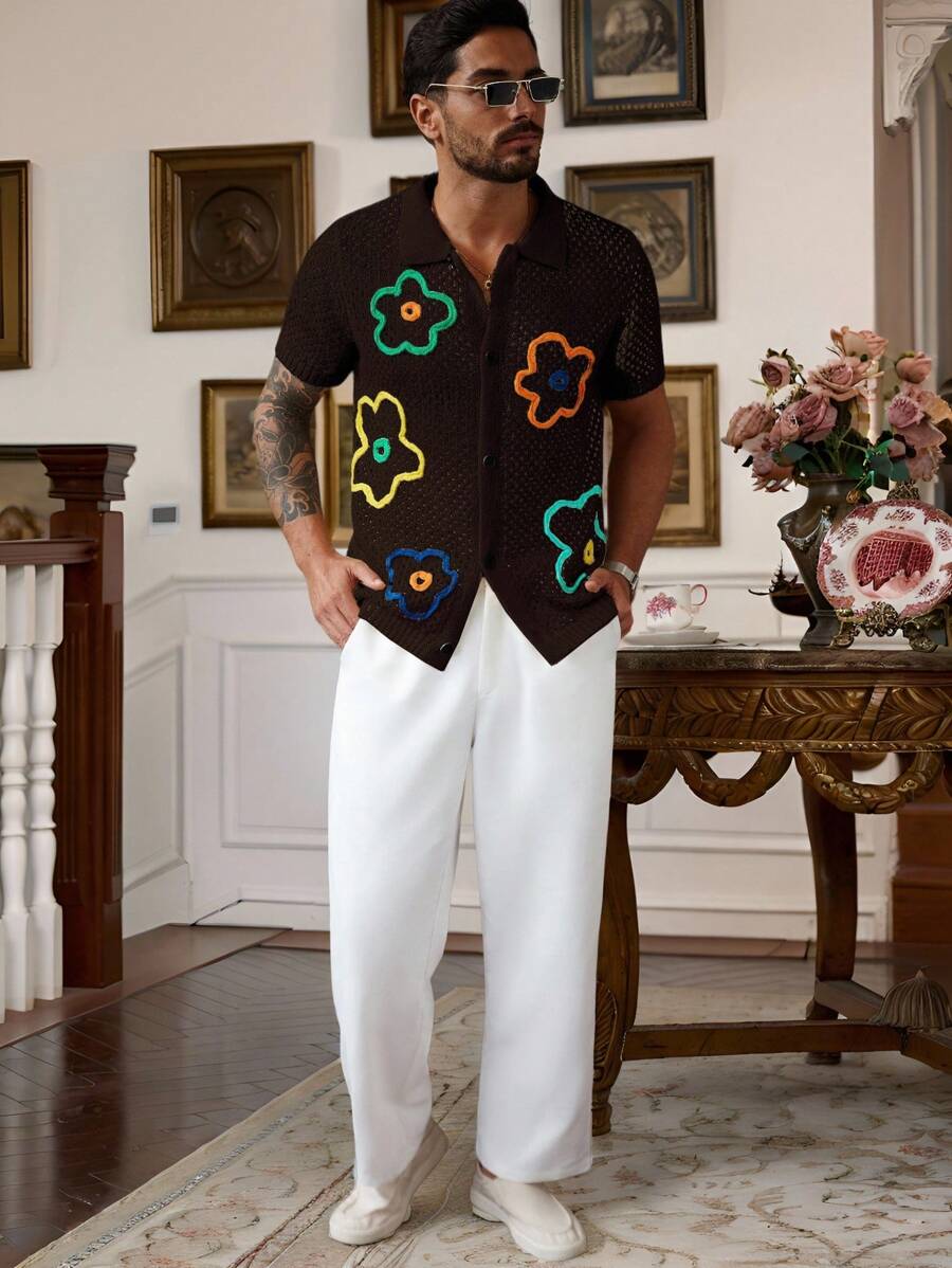 Manfinity Homme Áo thun dệt kim tay ngắn cài nút họa tiết hoa phía trước dành cho nam, mặc đi nghỉ dưỡng - màu nâu - Xem 1