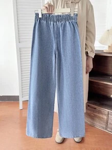 SHEIN Sparklyn 少女新款 Y2K 花卉腰部设计休闲宽松阔腿浅蓝色水洗直筒牛仔裤，粉色蝴蝶结刺绣装饰，适合所有季节