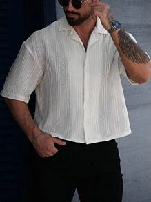 Manfinity Homme Plus Size Men's Casual Solid Color Short Sleeve Button-Up Shirt - Beige - View 4