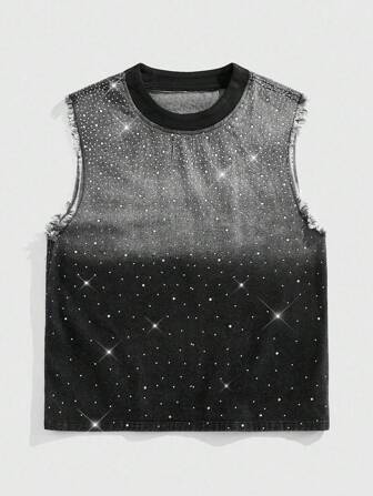 Chaleco de mezclilla lavada con diamantes brillantes degradados para hombres