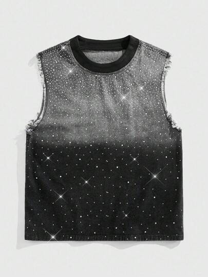 Street Life سترة جينز رجالية مغسولة بالألوان المتدرجة والمرصعة بالألماس اللامع