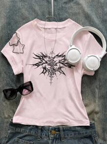 SHEIN Explorewe 3pcs/Set Loose Fit Short Sleeve Tops, 98 Numeric Print & Dark Style Heart Print, Suitable For Back To School In Summer & Autumn Girls Graphic Tees Teen Girl Graphic Tees Girls Shirt Sets Summer Holiday - Pink - View 3