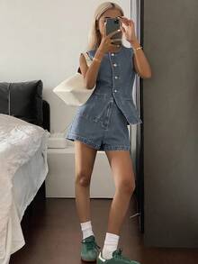 DAZY 女士夏季新款商务休闲牛仔套装 - 中等水洗藍 - 查看 3