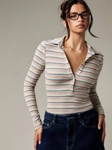 MISSGUIDED Body de punto acanalado a rayas con cuello, abotonado al frente, de manga larga y ajuste ceñido, para usar como capa básica en otoño e invierno, apto para uso profesional, casual y de oficina - Multicolor - Ver 6