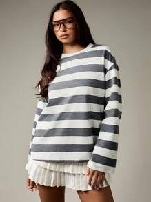 MISSGUIDED 大尺寸百褶 T 恤洋裝 橫條紋長袖 亮眼休閒居家服 秋冬基本款 休閒大學生日常街頭風 舒適 - 黑與白 - 查看 3
