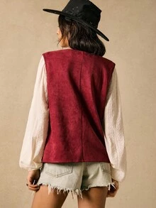 2025 Easelle 红色铆钉上衣，鹿皮绒面料，心形铆钉口袋细节，复古游牧风格，复古红色上衣，铆钉上衣，秋季女装 - 紅木色 - 查看 2