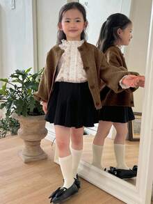 DAZY Cardigan Rajut Kasual Longgar Kancing Tunggal Lengan Panjang Bahu Jatuh Warna Polos untuk Anak Perempuan Musim Gugur/Dingin - Coklat - View 5