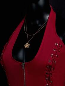 SHEIN ICON 女式纯色拉链挂脖系带绒面革背心红色束身衣上衣红色上衣女式束身衣上衣女式系带束身衣上衣红色上衣秋季女式服装婚礼宾客礼服女式 - 棕色 - 查看 3