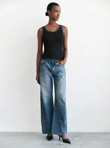 Maija Débardeur casual ajusté en tissu côtelé avec élément de rivet noir, élégant et polyvalent, vêtement d'extérieur pour femmes en automne/hiver