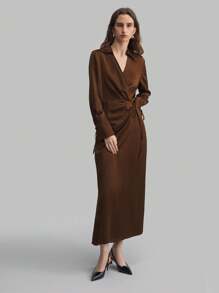 Ontre Women's Brown Autumn And Winter Wrap Dress, Lapel Long Sleeve Tie V-Neck Dress, Waist Loose Casual Commuter Brown Business Dress, Teacher Dress
