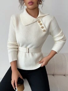 SHEIN LUNE Women's Waist Cinching Button Design Long Sleeve Sweater, Autumn/Winter Knit Pullover Fall - Apricot - View 6