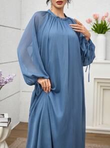 SHEIN Najma 长袖雪纺高领高腰超长连衣裙 - 藍色 - 查看 6