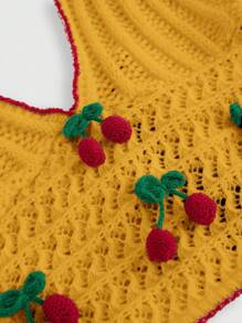 ROMWE Kawaii Top de punto con cuello de halter ajustado con diseño 3D de cerezas lindas para mujeres, ideal para vacaciones - Amarillo - Ver 3