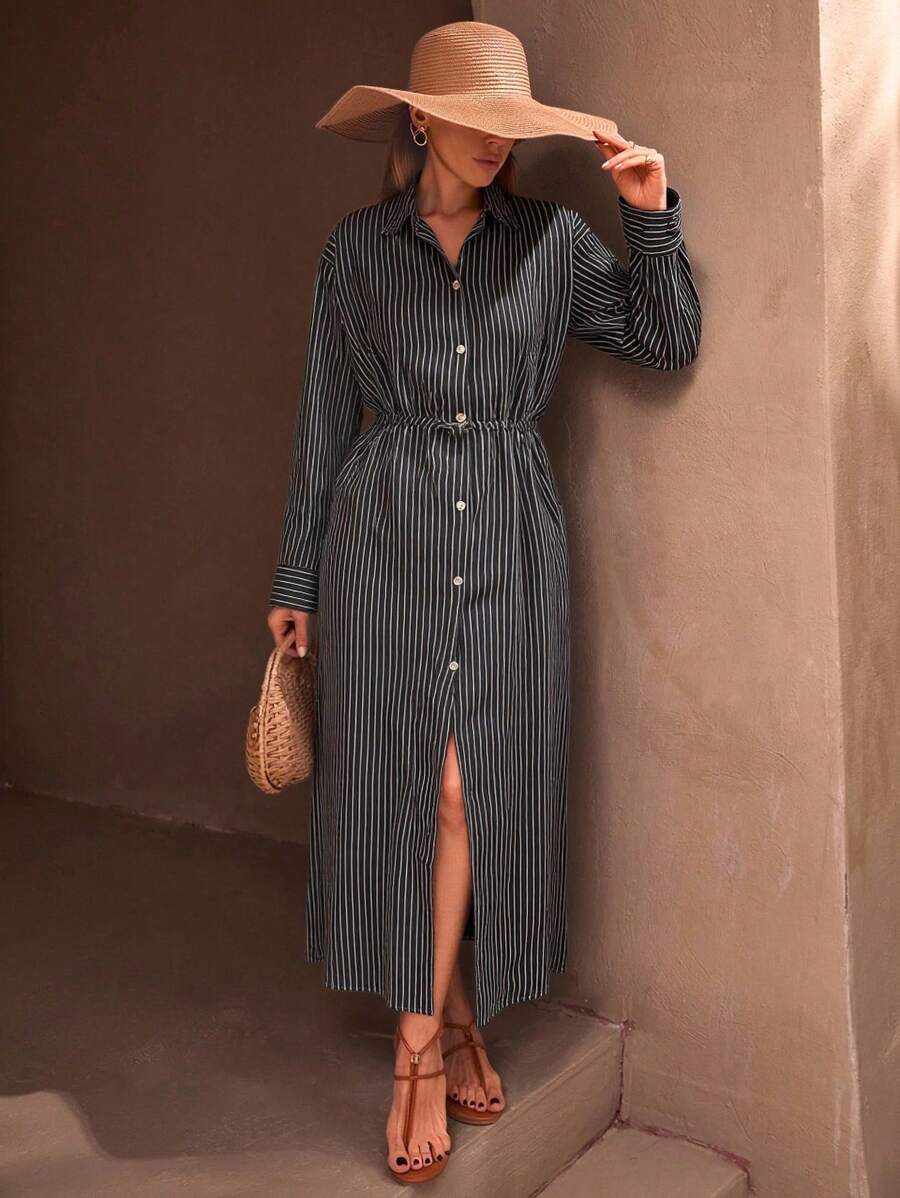 EURMUSE Vestido camisero maxi con detalles de botones y cinturón de cordón, con apariencia de lino y estilo casual desenfadado - Negro - Ver 1