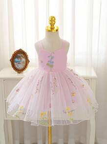 SHEIN Glamorique Kids 女婴无袖白色刺绣薄纱连衣裙，带蝴蝶结露背蓬松裙，适合生日派对、婚礼、节日、舞台表演、拍照、日常穿着 - 西瓜粉 - 查看 4