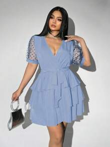 Viva Relle Plus Size Women's Summer Sexy Vacation Elegant Elegant Deep V-Neck Polka Dot Splice Mesh Sheer Puff Sleeve Multi-Layer Ruffle Hem Belted Maxi Dress