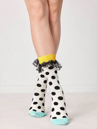 Kawaii Women's Polka Dot Pattern Mesh Splice Ruffle Trim Cute Crew Socks