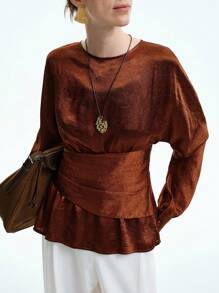 Aalyst 时尚都市休闲女式闪亮褶皱面料圆领灯笼袖腰部收紧短款休闲衬衫，适合毕业派对、节日活动、约会、工作、秋冬 - 咖啡棕 - 查看 1