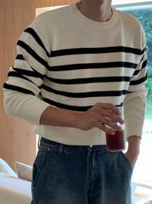 DAZY Áo len dệt kim sọc nhiều màu thường ngày cho nam, Thu/Đông - Đen và trắng - Xem 2