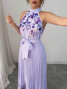 Elenzga 女式夏季优雅花卉宽松露背连衣裙 - 紫色 - 查看 4