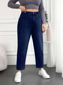 EURMUSE 100%Cotton Plus Size Water Washed Mom Style Jeans - Dark Wash - View 5