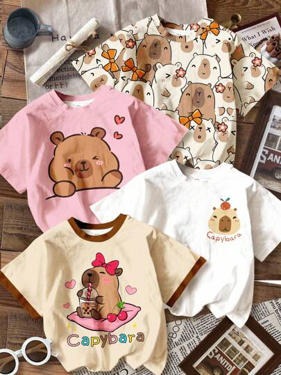 4 piezas Camisetas básicas de manga corta y cuello redondo con gráfico lindo de capibara para niña, adecuadas para primavera/verano, verano relajado, vacaciones, verano al aire libre, comodidad fácil, capas de otoño para niña, ropa gráfica de estilo joven, ropa casual, camiseta de capibara para niños, camiseta de capibara para niñas, parte superior de capibara para niños, camisetas lindas de capibara para niños, camisas de capibara para niños pequeños