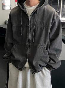 DAZY 男士纯色水洗连帽设计黑色牛仔夹克，秋季 - 黑色 - 查看 3