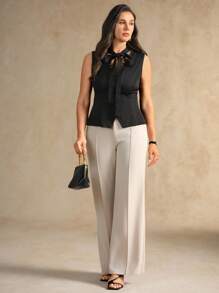 SHEIN Clasi Chaqueta de vestir casual y elegante para mujer, de unicolor, con cuello de corbata, lazo, escote en V, encaje, botones a presión y sin mangas, talla grande, para otoño - Negro - Ver 4