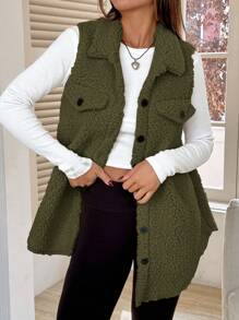 SHEIN EZwear Áo khoác vest Teddy một hàng khuy đơn giản, có vạt đơn màu trơn cho mùa thu/đông - Màu xanh Ô liu - Xem 3