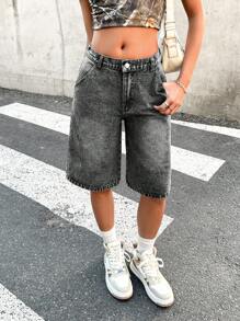 SHEIN 少女休闲灰色纽扣口袋牛仔短裤 - 深灰色 - 查看 8