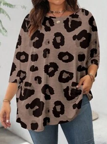 SHEIN LUNE 加大码休闲豹纹印花宽松圆领长袖 T 恤，适合春夏季 - 彩色 - 查看 4