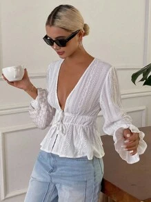 DAZY Women's Solid Color Drawstring Tie Waist Long Flare Sleeve V-Neck Casual Elegant Autumn/Winter Top Long Sleeve Top - White - View 6