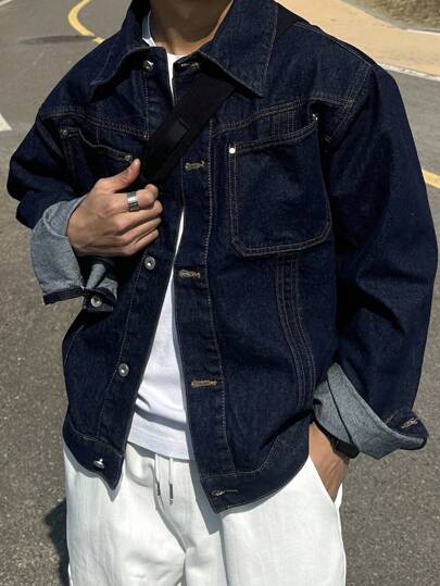 DAZY Men's Solid Color Denim Jacket, Autumn,Back To School Clothes