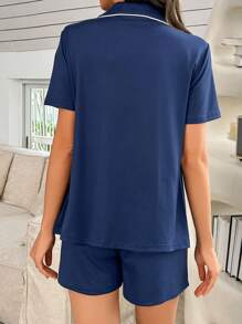 SHEIN 撞色镶边领口哺乳设计针织短袖短裤孕妇休闲套装