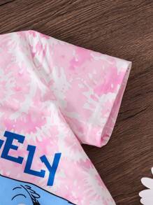 2 件套年轻女孩可爱图案上衣和长喇叭裤套装，鲜艳的扎染面料，休闲日常穿着 - 粉色 - 查看 7