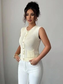 Elenzga Sleeveless Round Neck Elegant Romantic Delicate Women Sweater Vest - Cream - View 3
