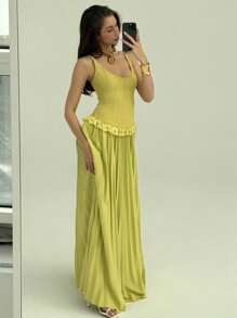 Aloruh Váy xếp ly cổ thấp gợi cảm, viền ren tương phản Jacquard cổ điển mới, màu vàng, ôm sát đường cong, phù hợp cho kỳ nghỉ, hẹn hò và giờ nghỉ trà - Màu Mù tạt vàng - Xem 4