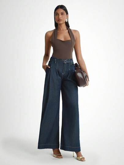 Daynim 女式休闲度假阔腿喇叭牛仔裤