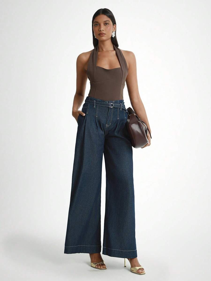 Women's Casual Vacation Wide Leg Flare Jeans - Dark Wash - View 1