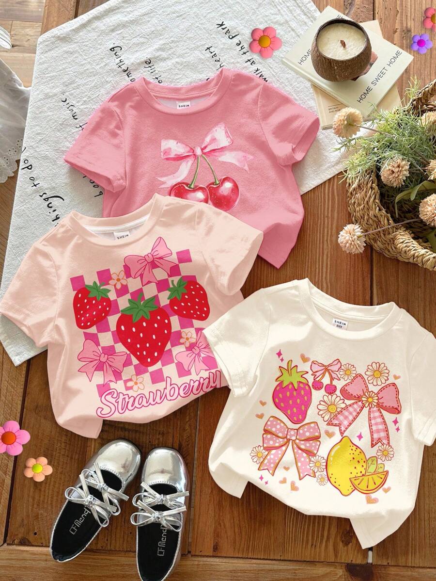 SHEIN Bộ 3 áo thun tay ngắn cổ tròn tối giản cho bé gái, phù hợp cho mùa xuân/hè - Nhiều màu - Xem 1