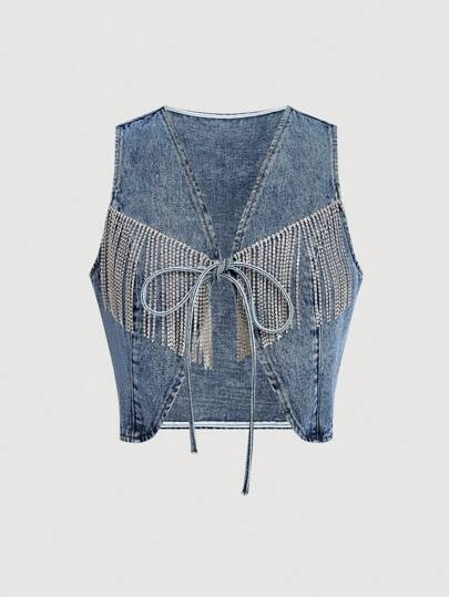 SHEIN MOD 女式水钻流苏前系带牛仔背心夹克