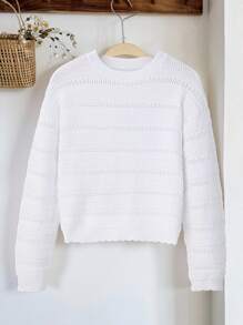 SHEIN 少女圆领长袖网眼针织毛衣 - 白色 - 查看 7