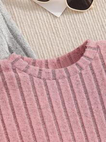 SHEIN Set de 3 piezas para niñas jóvenes con top de manga larga de cuello redondo y unicolor + pantalones casuales sueltos de cintura elástica, para primavera/otoño - Multicolor - Ver 4