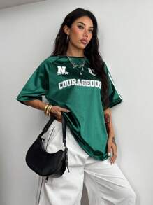 Coolane 女式夏季大码图案运动衫T恤，金属银色，适合音乐节和运动装 - 墨綠色 - 查看 5