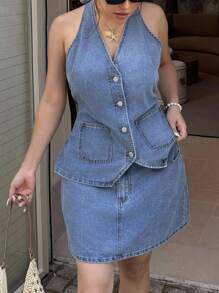 Dripcurv Plus Size Open Back Halter Neck Top & Denim Skirt 2 Pieces Set - Blue - View 5